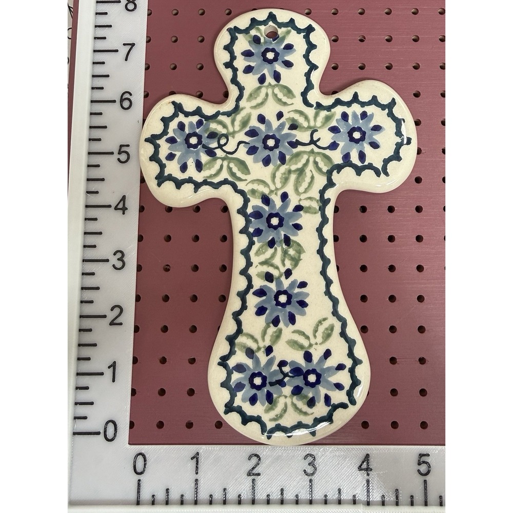 Polish Pottery Ceramic Cross Boleslawiec Hand Made Floral Pattern 7" Wall Decor